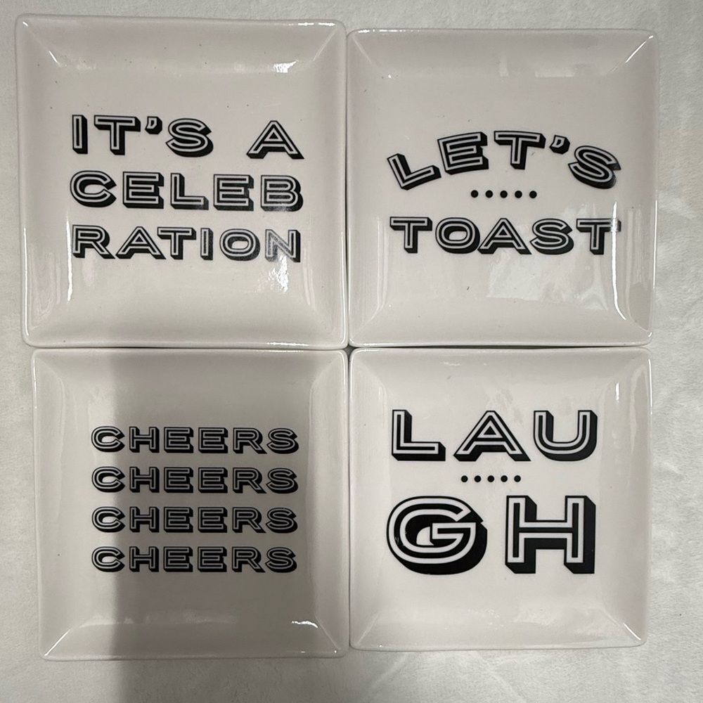 Pfaltzgraff Celebration Set of 4 White square Ceramic Quote Plates cheers laugh